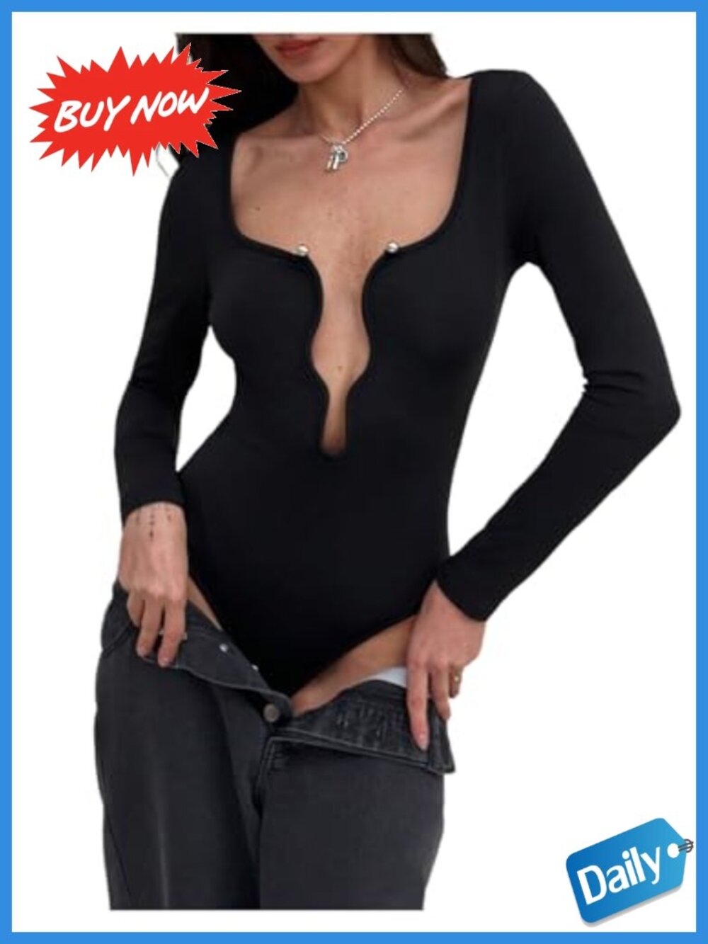 Deep V Neck Long Sleeve Bodysuit One Piece Leotard Sexy Going Out Top